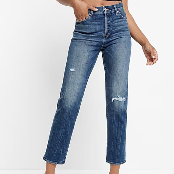High Waisted Dark Wash Selvedge Straight Ankle Jeans - Picture 1 of 2